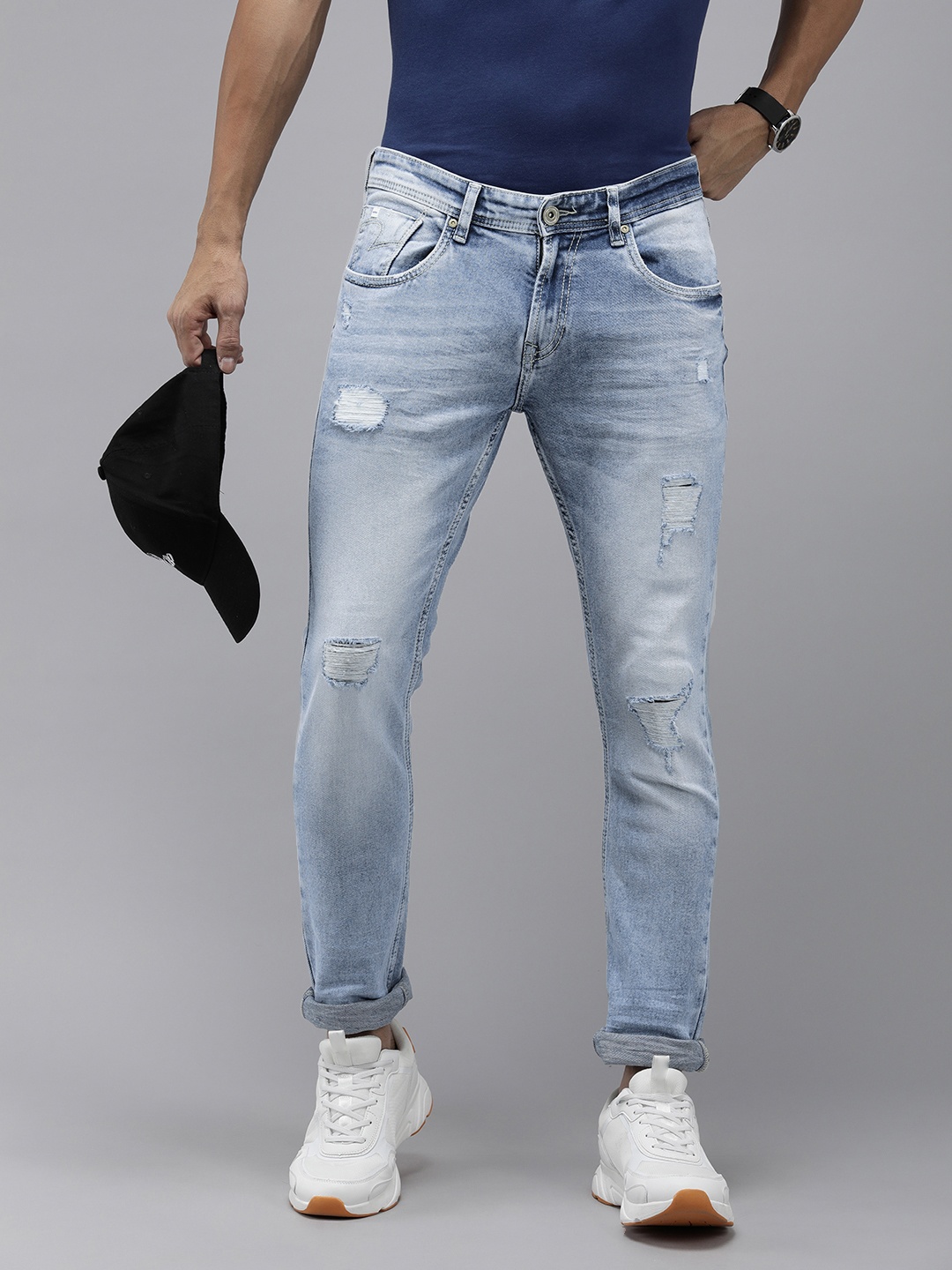 

SPYKAR Men Skinny Fit Low-Rise Highly Distressed Heavy Fade Stretchable Jeans, Blue