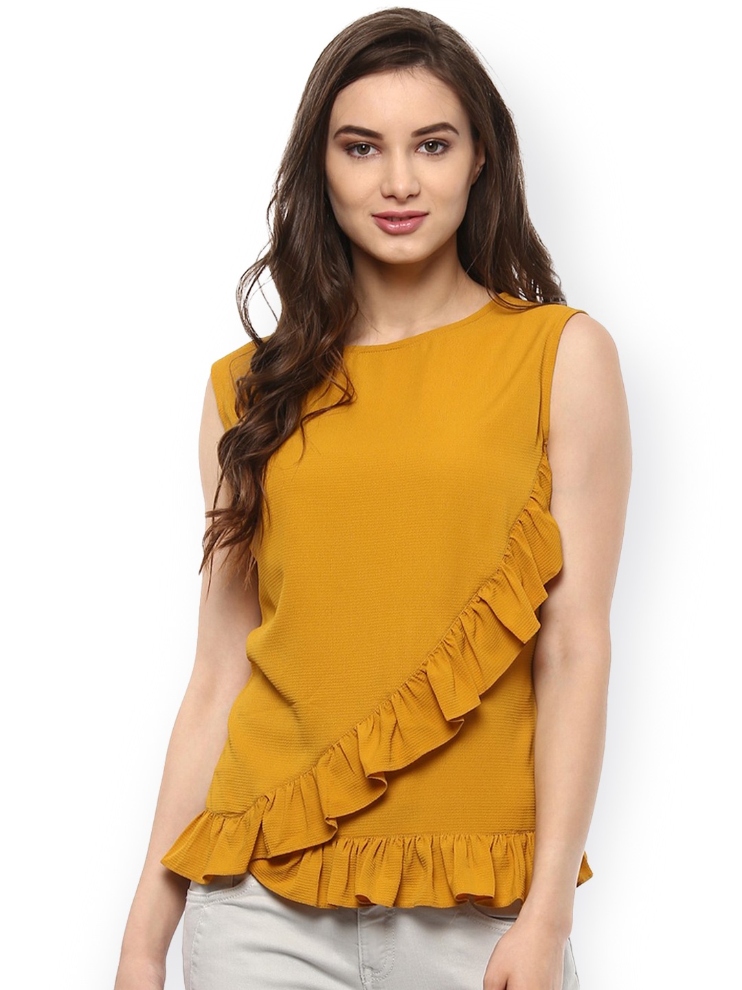 

Zima Leto Women Mustard Yellow Solid Top with Ruffled Detail