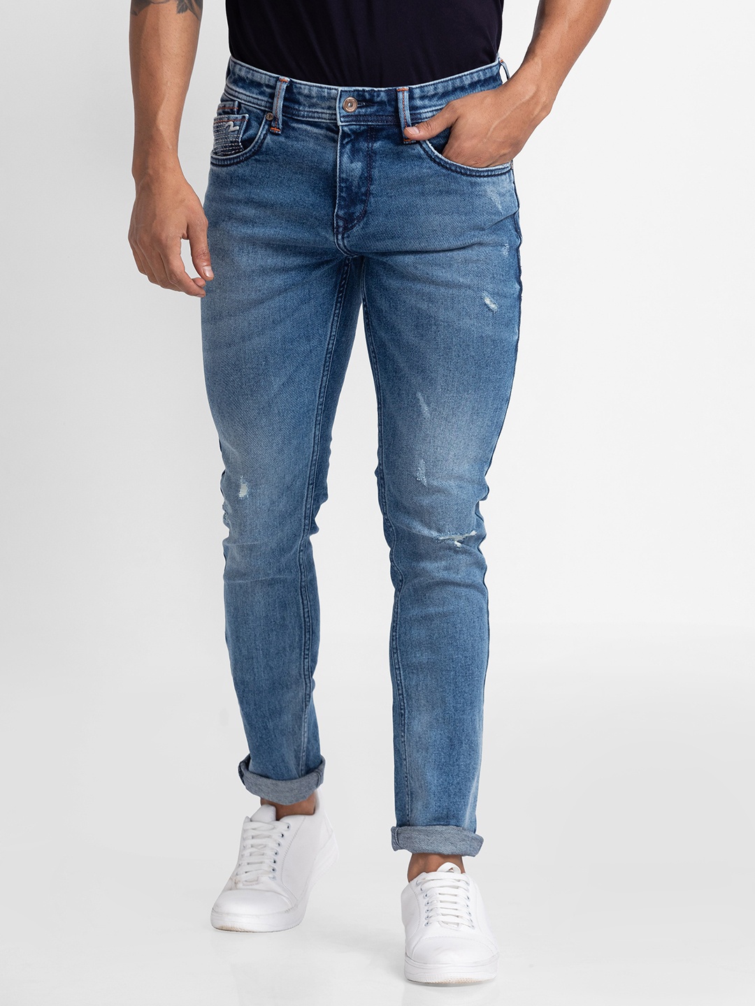 

SPYKAR Men Slim Fit Low-Rise Low Distress Light Fade Stretchable Jeans, Blue