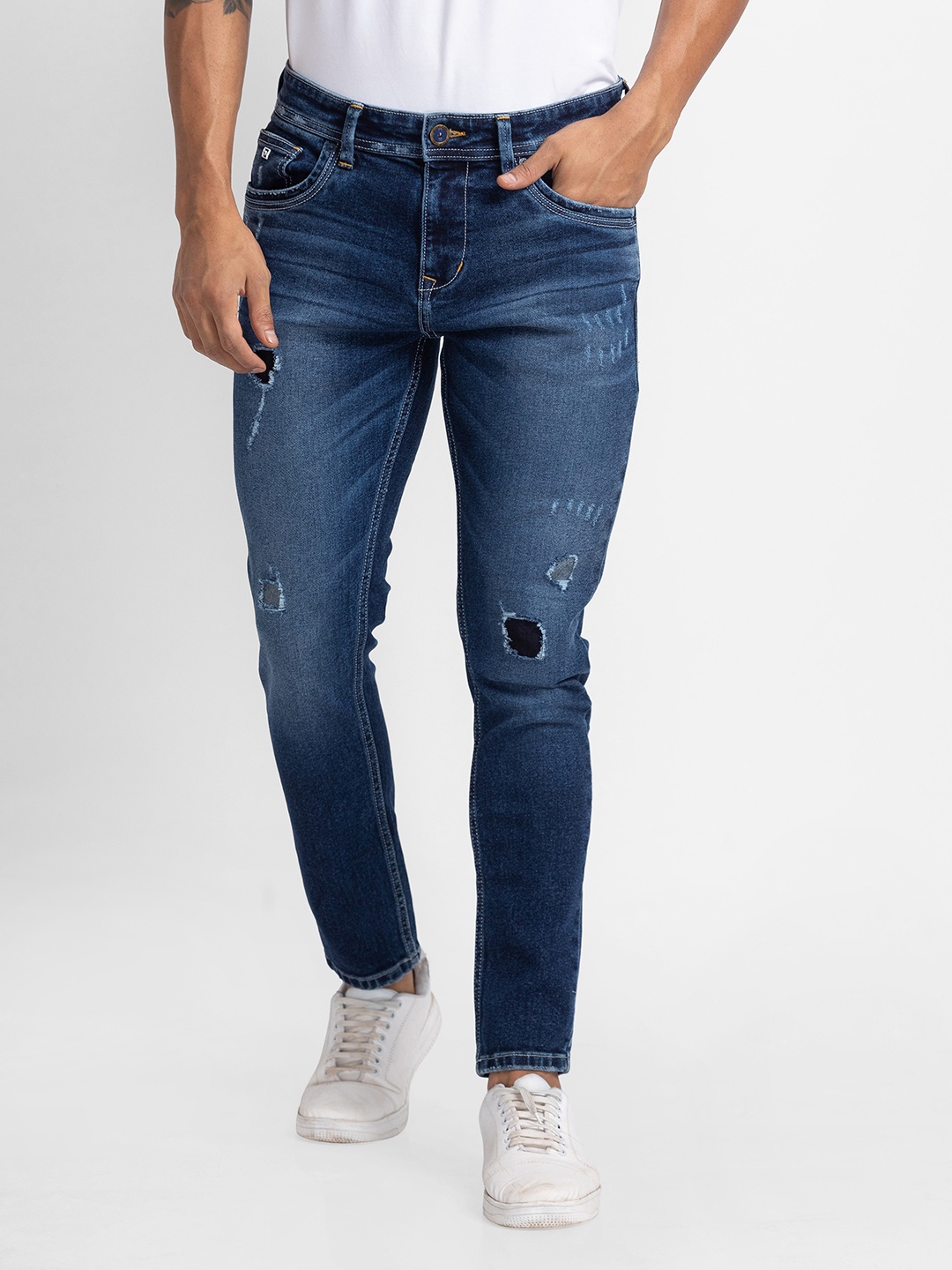 

SPYKAR Men Kano Skinny Fit Mildly Distressed Light Fade Stretchable Jeans, Navy blue