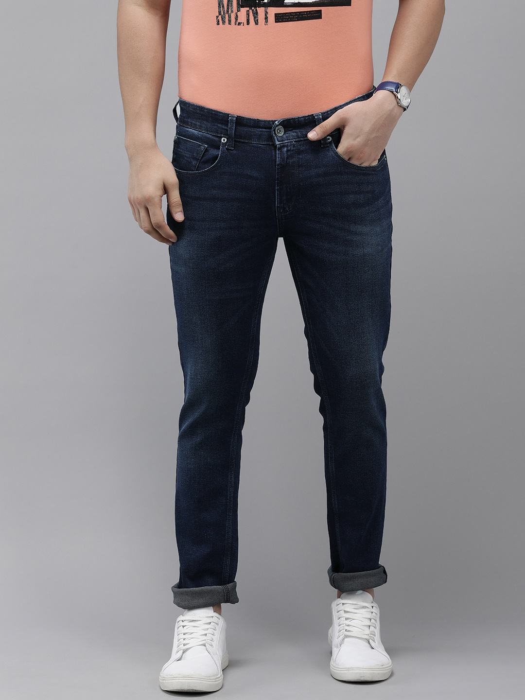 

SPYKAR Men Skinny Slim Fit Low-Rise Light Fade Stretchable Jeans, Navy blue