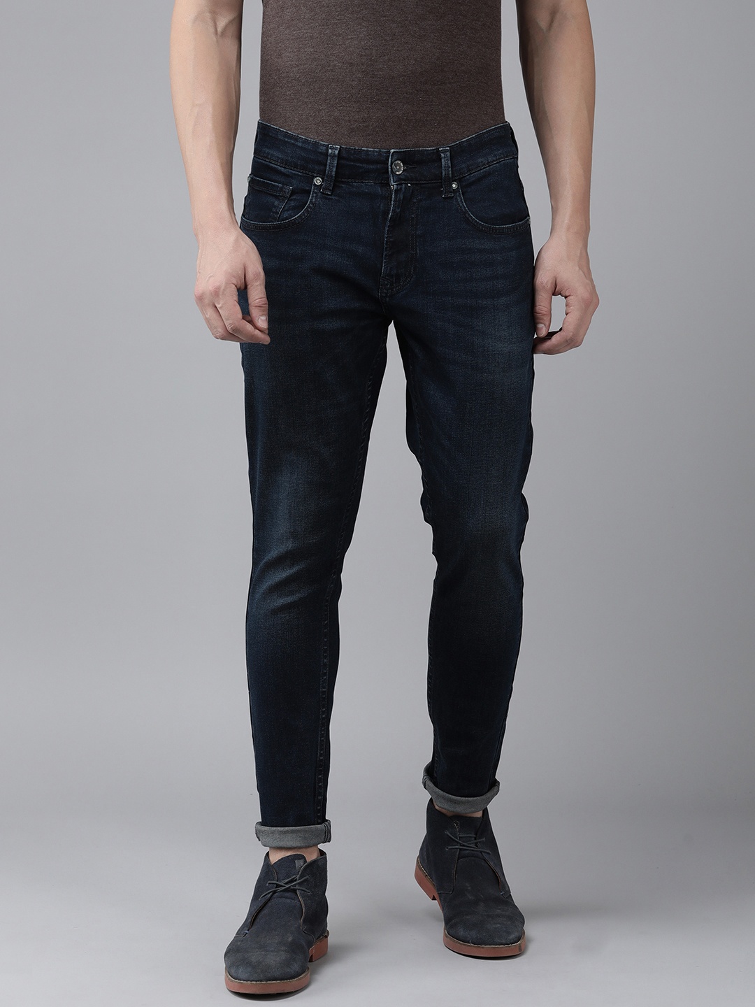 

SPYKAR Men Kano Tapered Fit Light Fade Ankle Length Stretchable Jeans, Navy blue