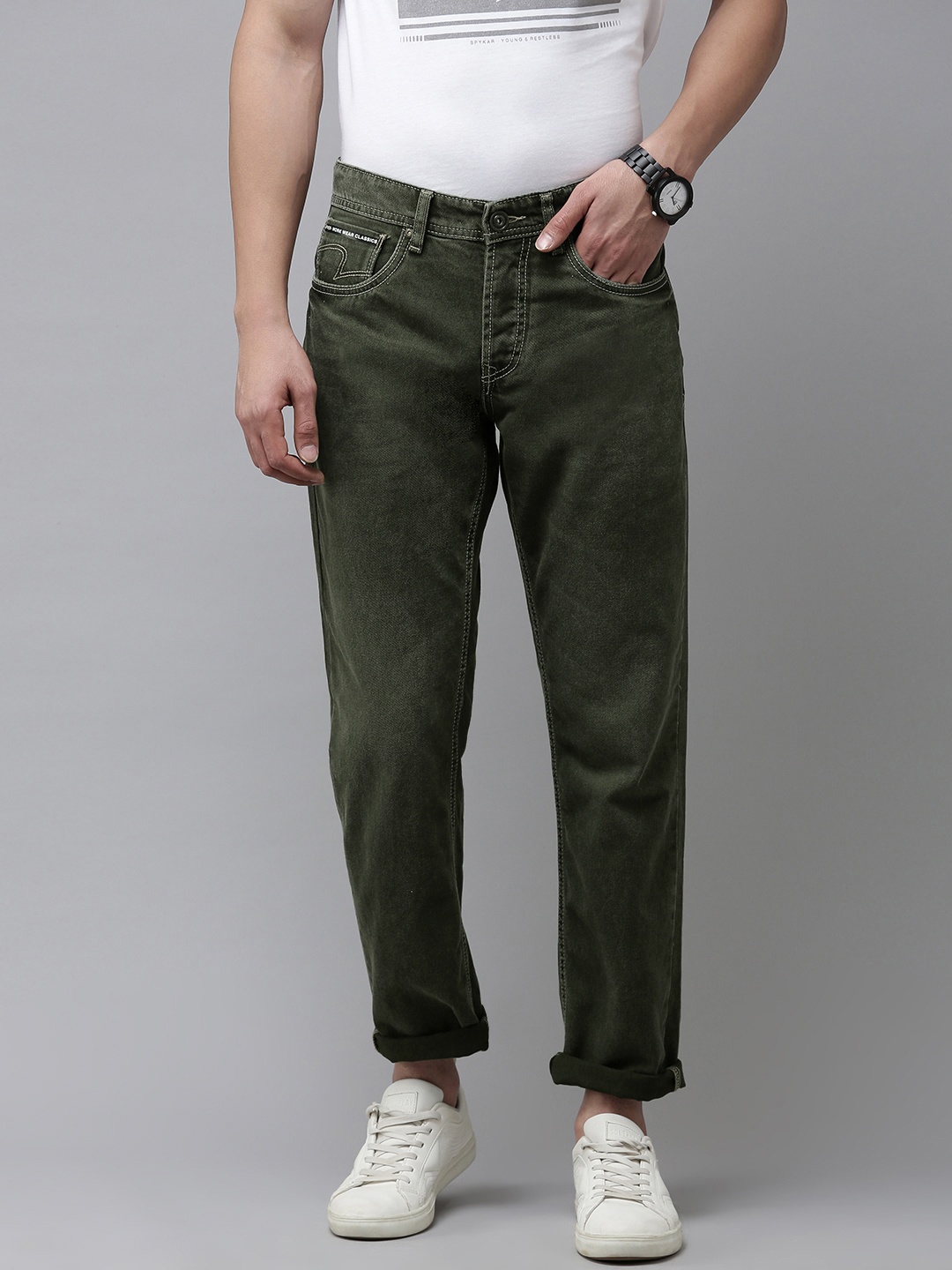 

SPYKAR Men Straight Fit Faded Jeans, Olive