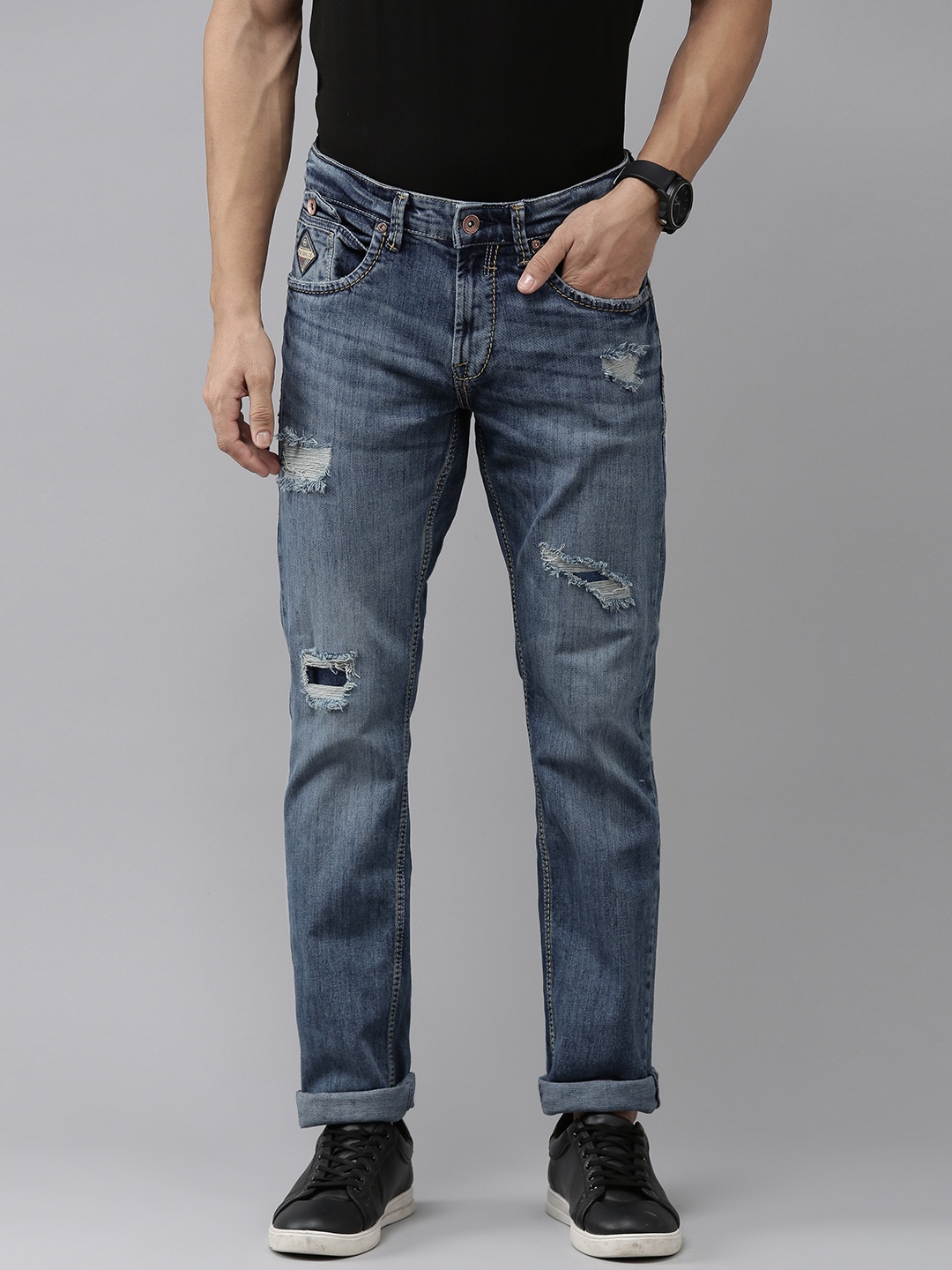 

SPYKAR Men Mid-Rise Rovers Highly Distressed Light Fade Stretchable Jeans, Blue