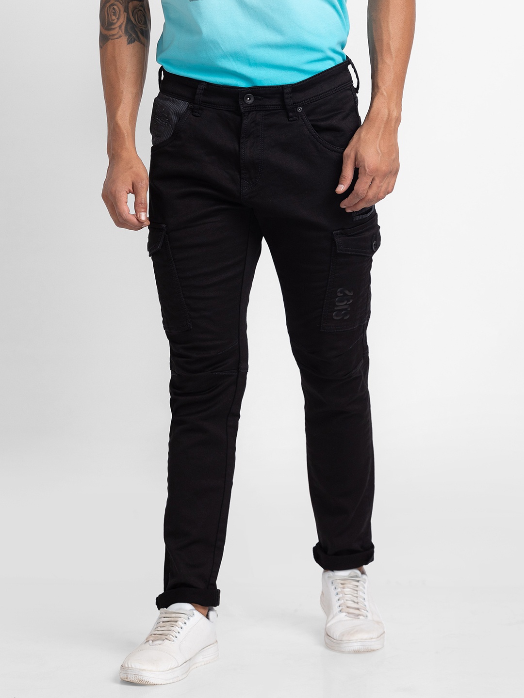 

SPYKAR Men Comfort High-Rise Stretchable Cargo Jeans, Black