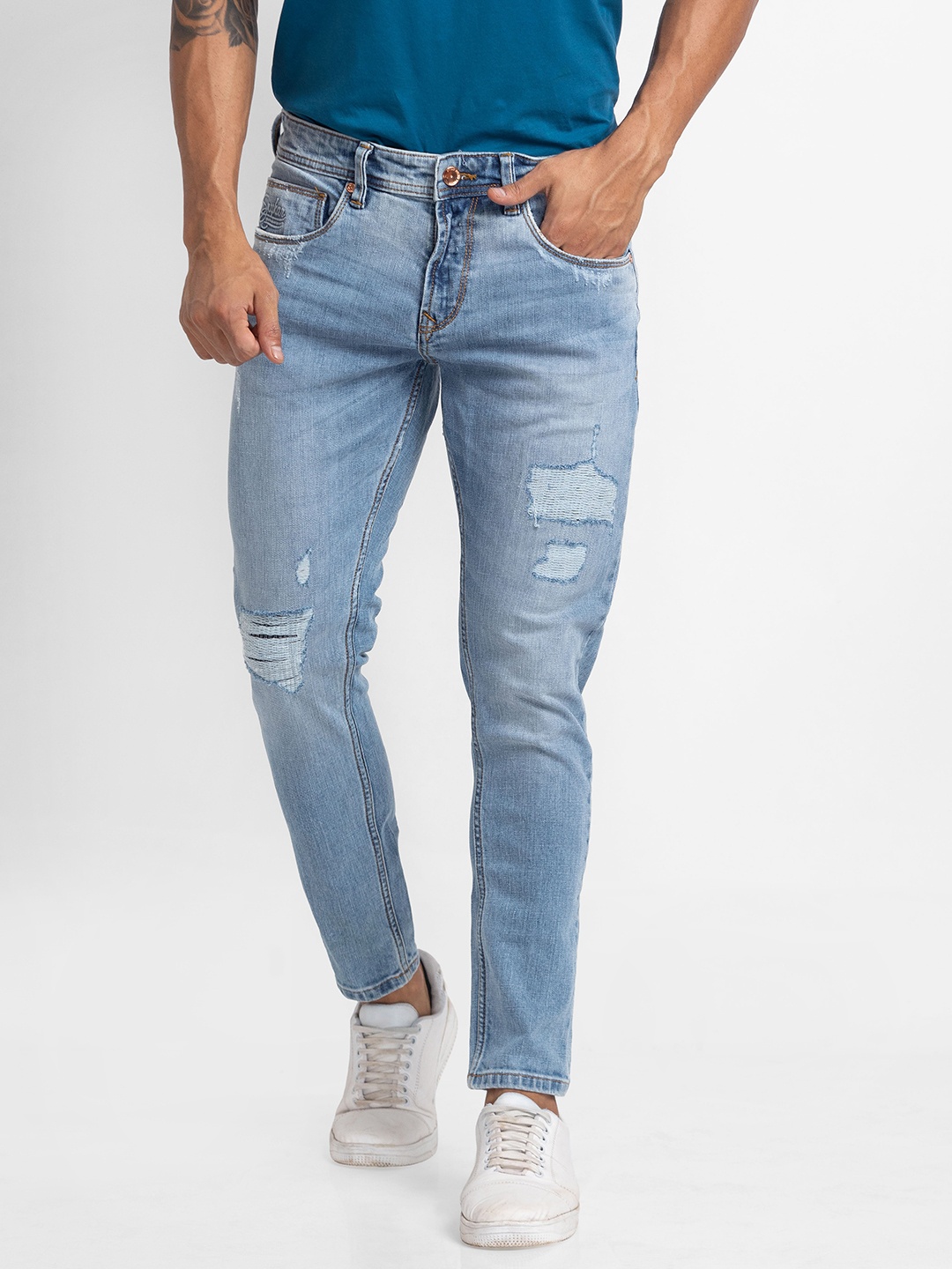 

SPYKAR Men Kano Slim Fit Highly Distressed Heavy Fade Stretchable Jeans, Blue