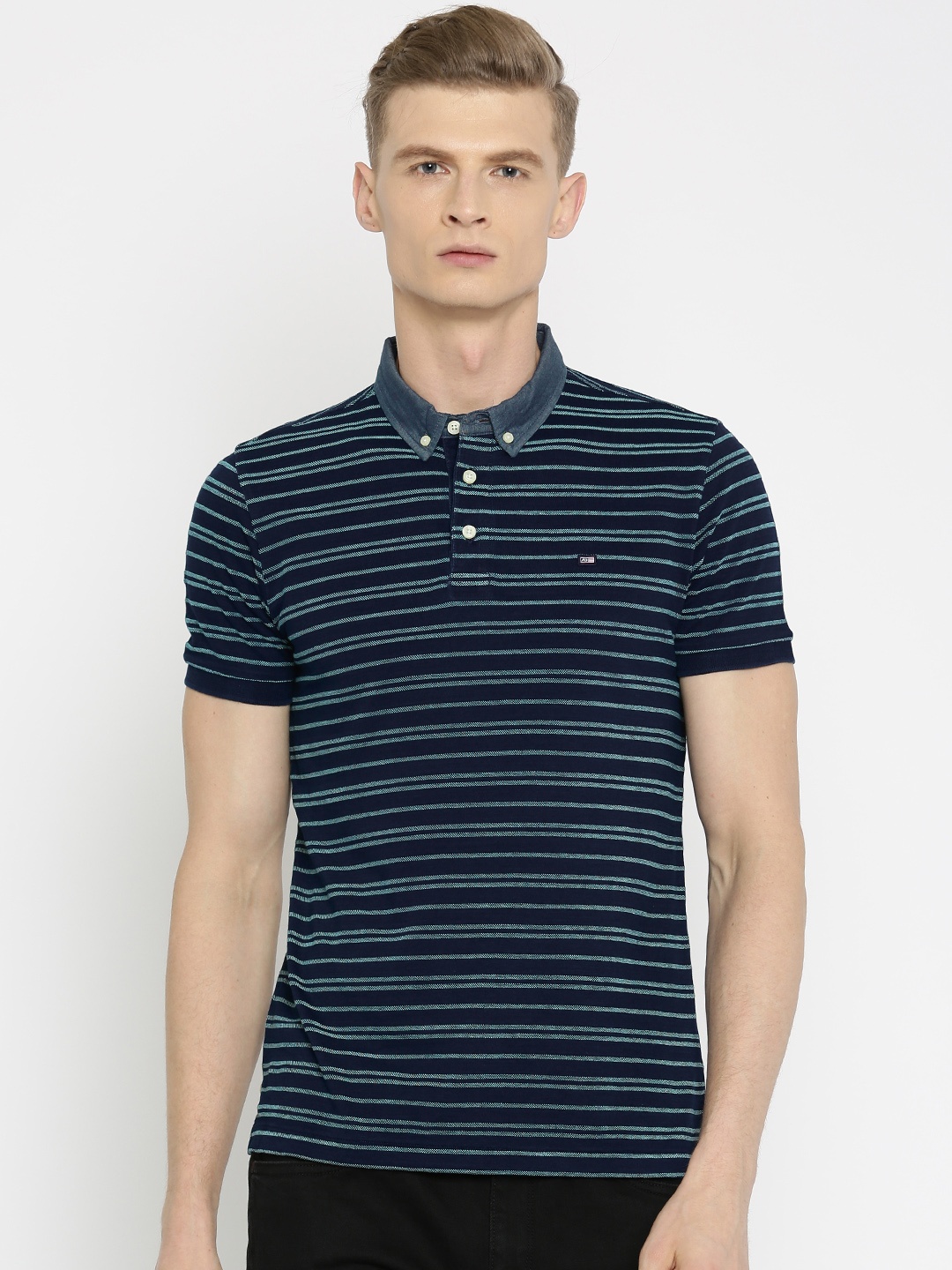 

Arrow Sport Men Navy Blue Striped Polo Collar Pure Cotton T-shirt