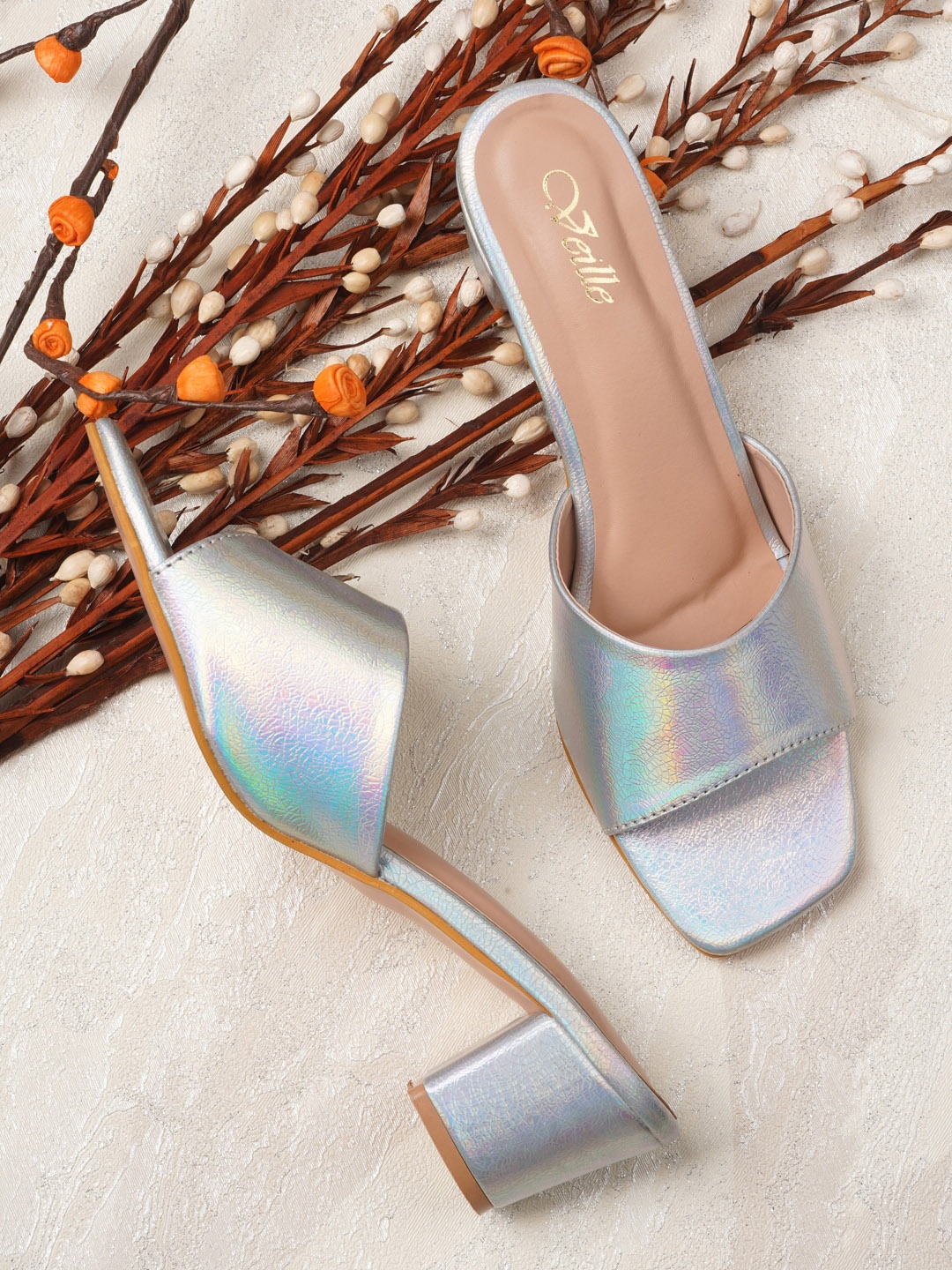 

VEILLE Silver-Toned PU Block Heels