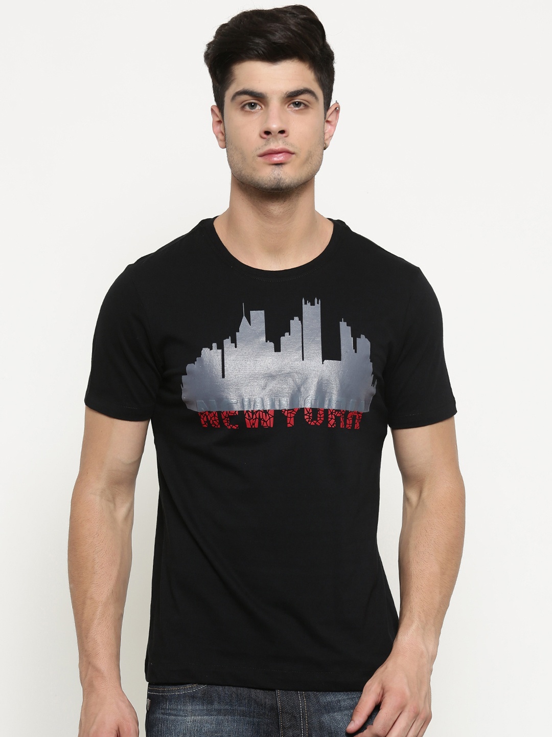 

Arrow New York Men Black Printed Round Neck Pure Cotton T-shirt