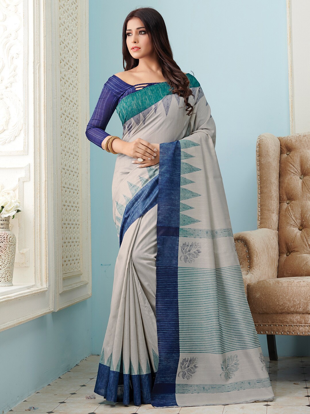 

Mitera Grey & Blue Floral Art Silk Bhagalpuri Saree