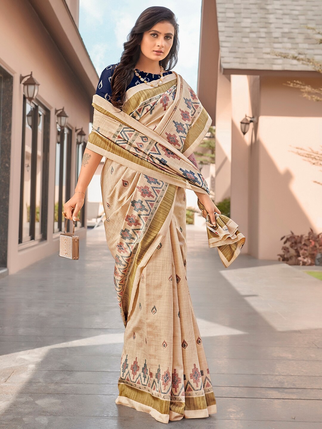 

Mitera Beige & Brown Zari Art Silk Ikat Saree