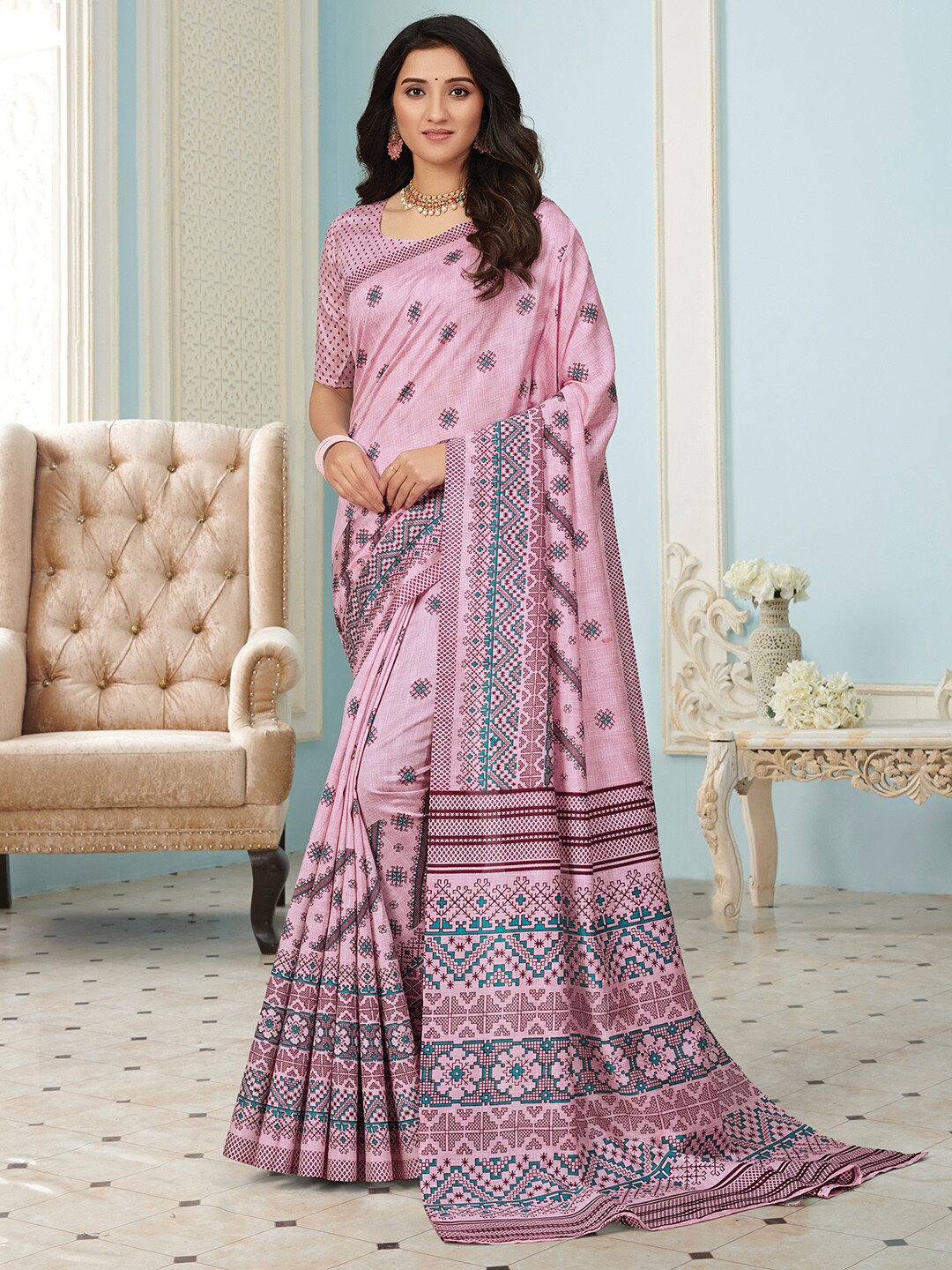 

Mitera Pink & Blue Ethnic Motifs Art Silk Block Print Saree