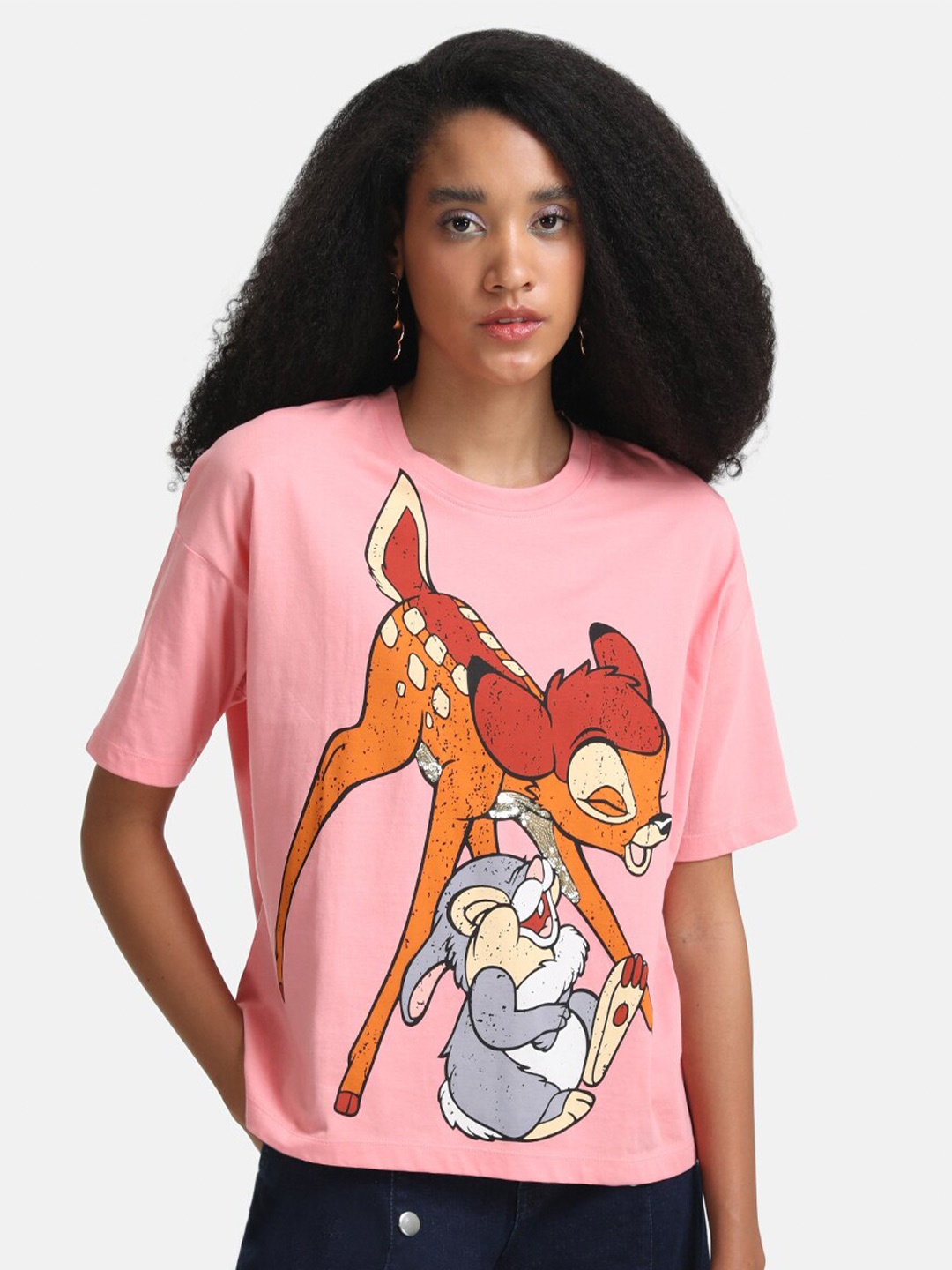 

Kazo Women Peach-Coloured Printed Bambi Oversized T-shirt