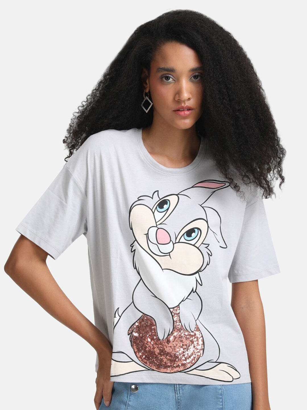

Kazo Women Bunny Printed Drop-Shoulder Sleeves Disney T-shirt, Purple
