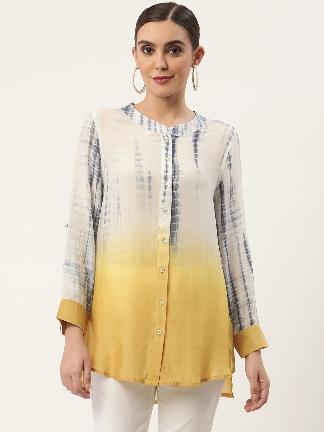 

CHIQUE Women Yellow Dip Dye Ombre Semi Sheer Casual Shirt