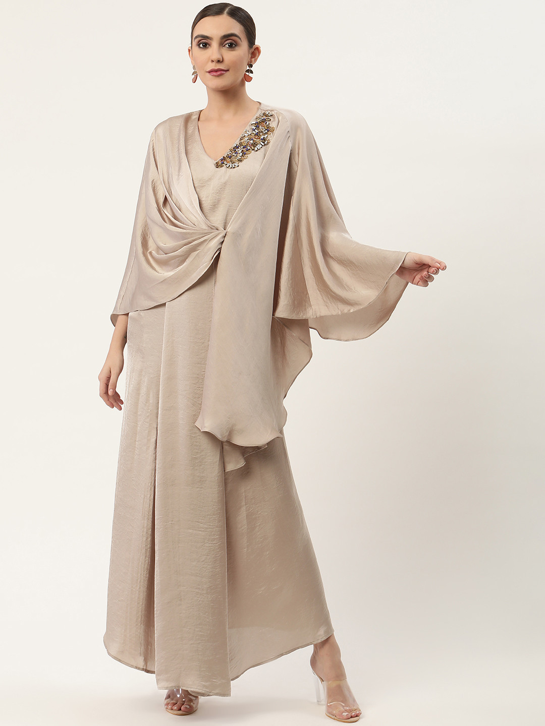 

CHIQUE Silver-Toned Satin Embellished Maxi Dress