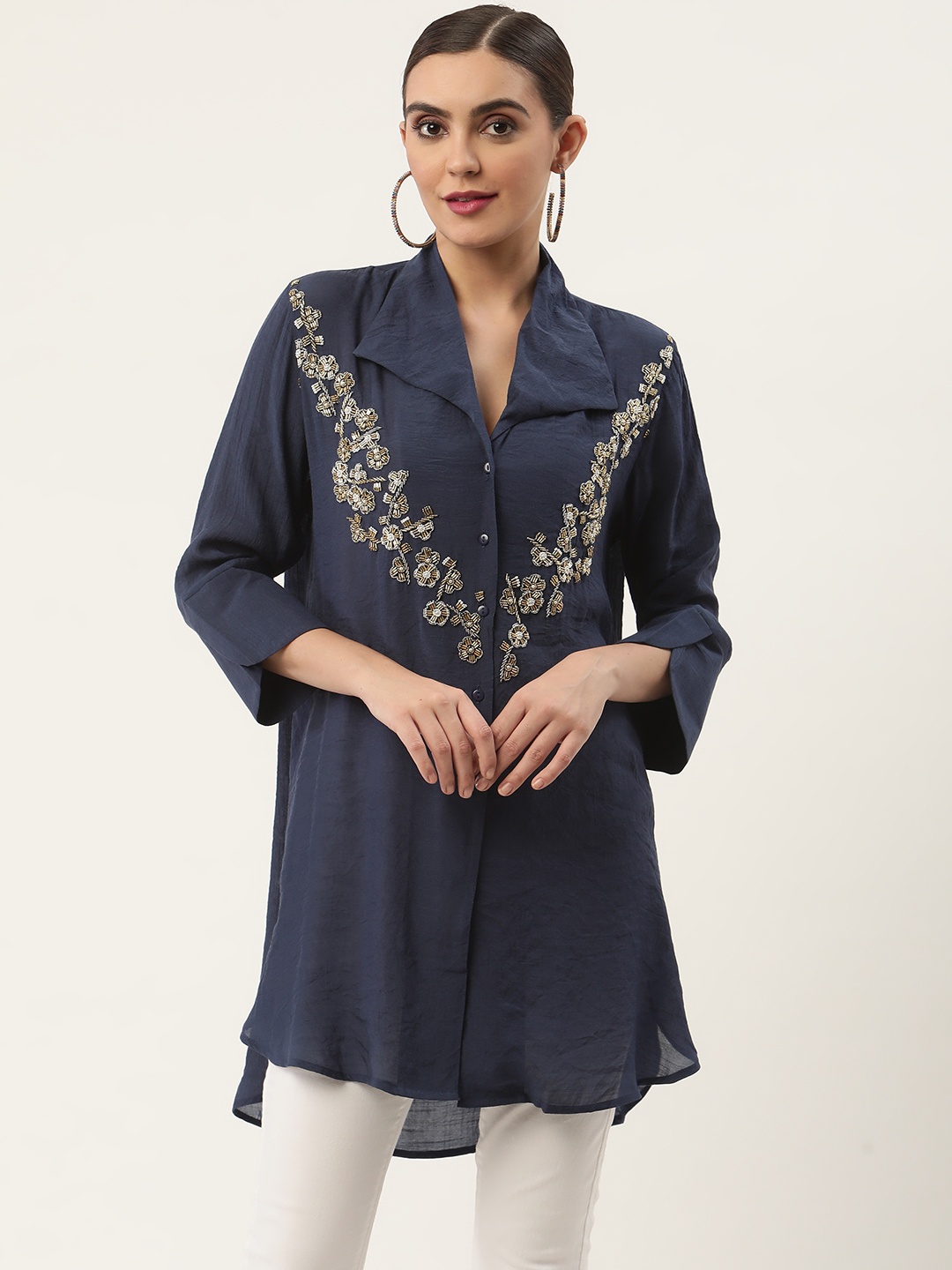 

CHIQUE Women Embellished Navy Blue Floral Party Shirt