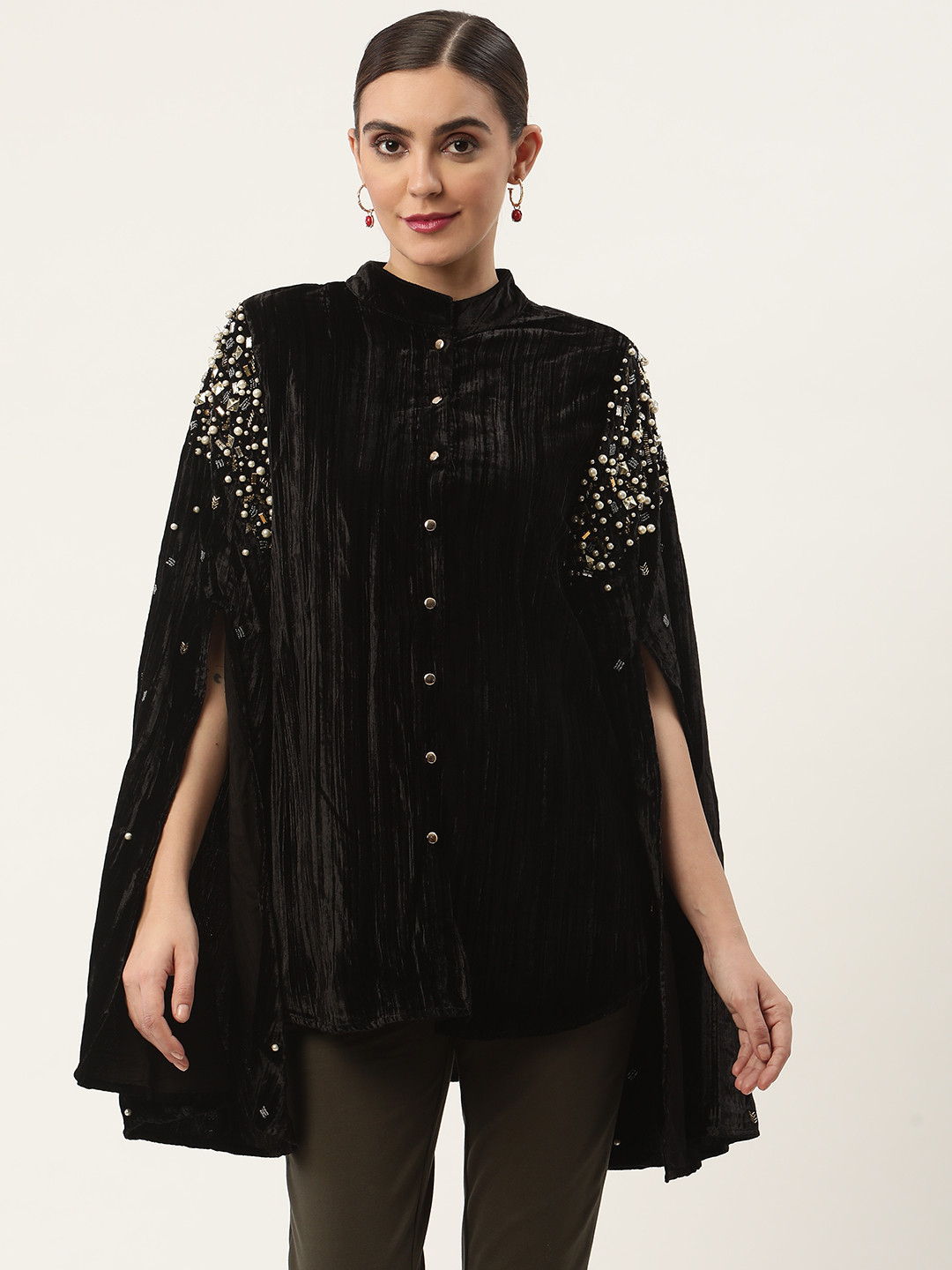 

CHIQUE Women Velvet Cape Sleeves Embellished Shirt, Black