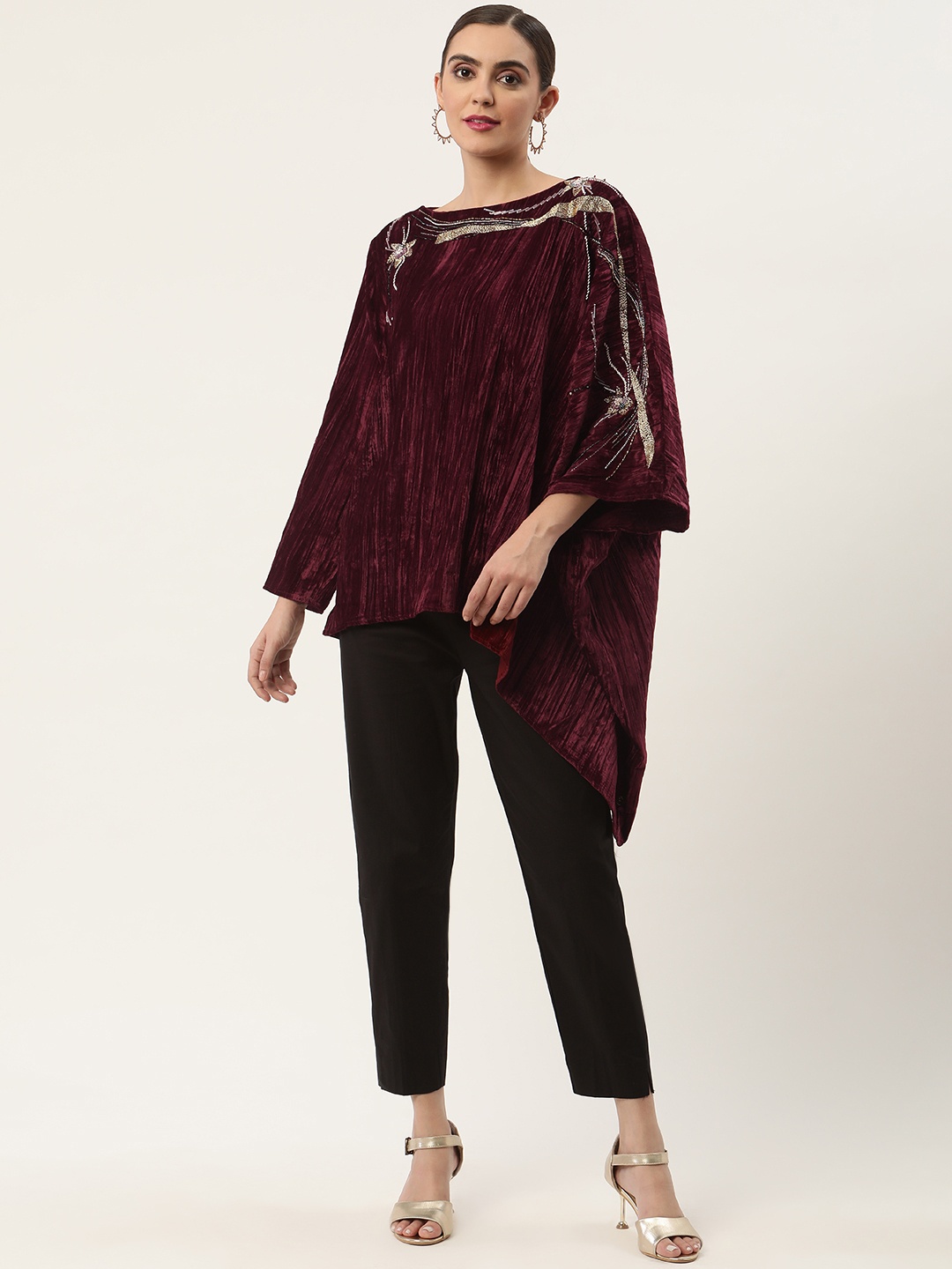 

CHIQUE Women Maroon Velvet Floral Embellished Shirt