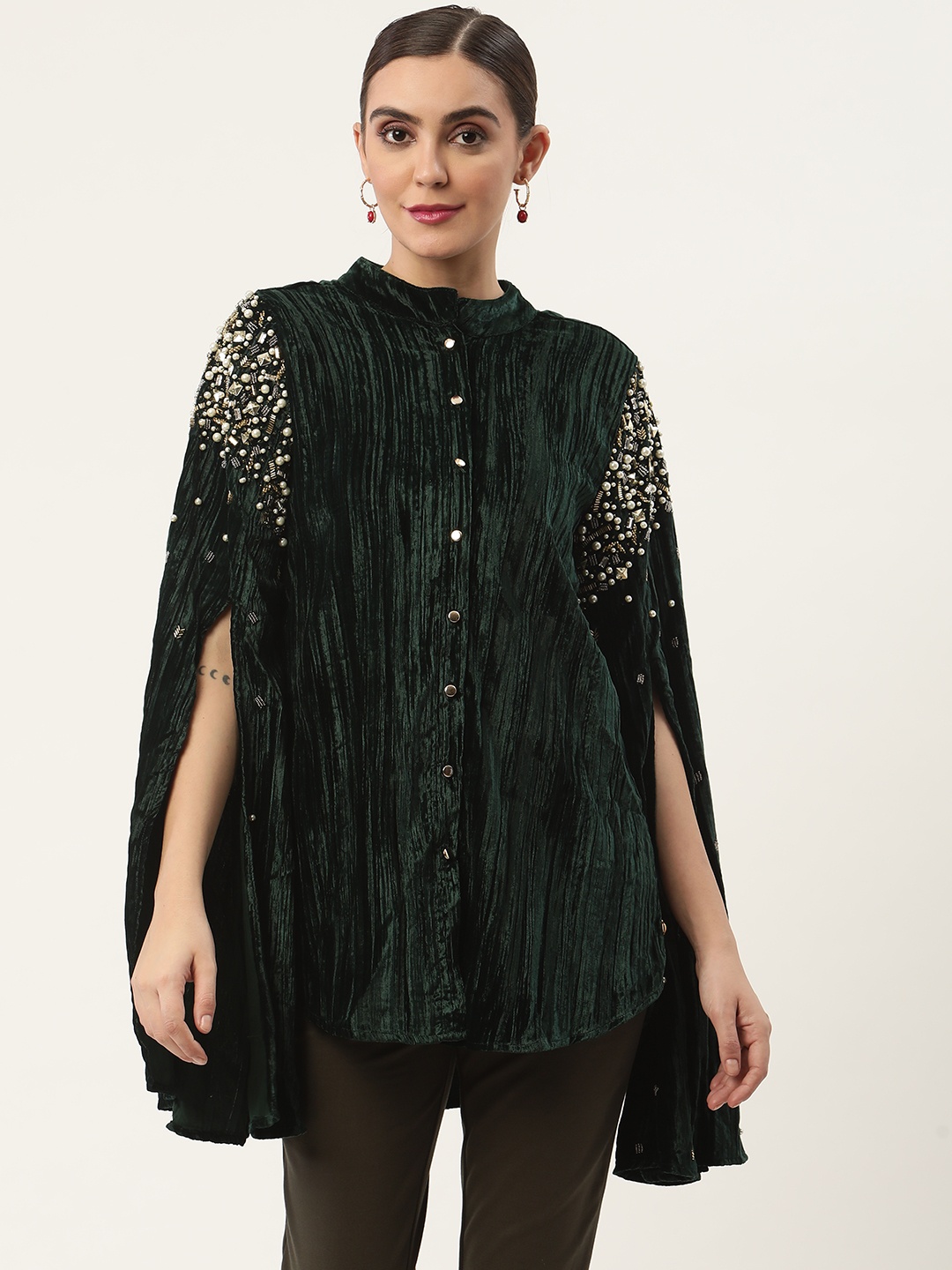 

CHIQUE Women Velvet Cape Sleeves Embellished Shirt, Green