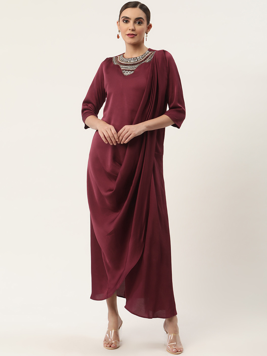 

CHIQUE Maroon Crepe Embellished Maxi Dress