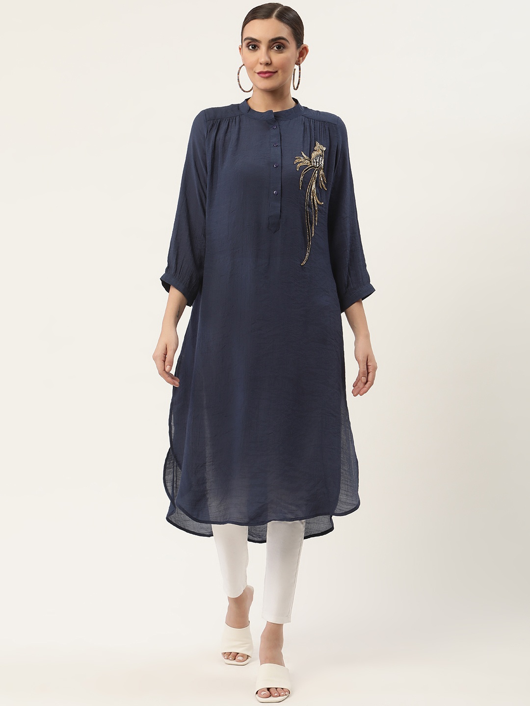 

CHIQUE Women Mandarin Collar Embellished Tunic, Navy blue