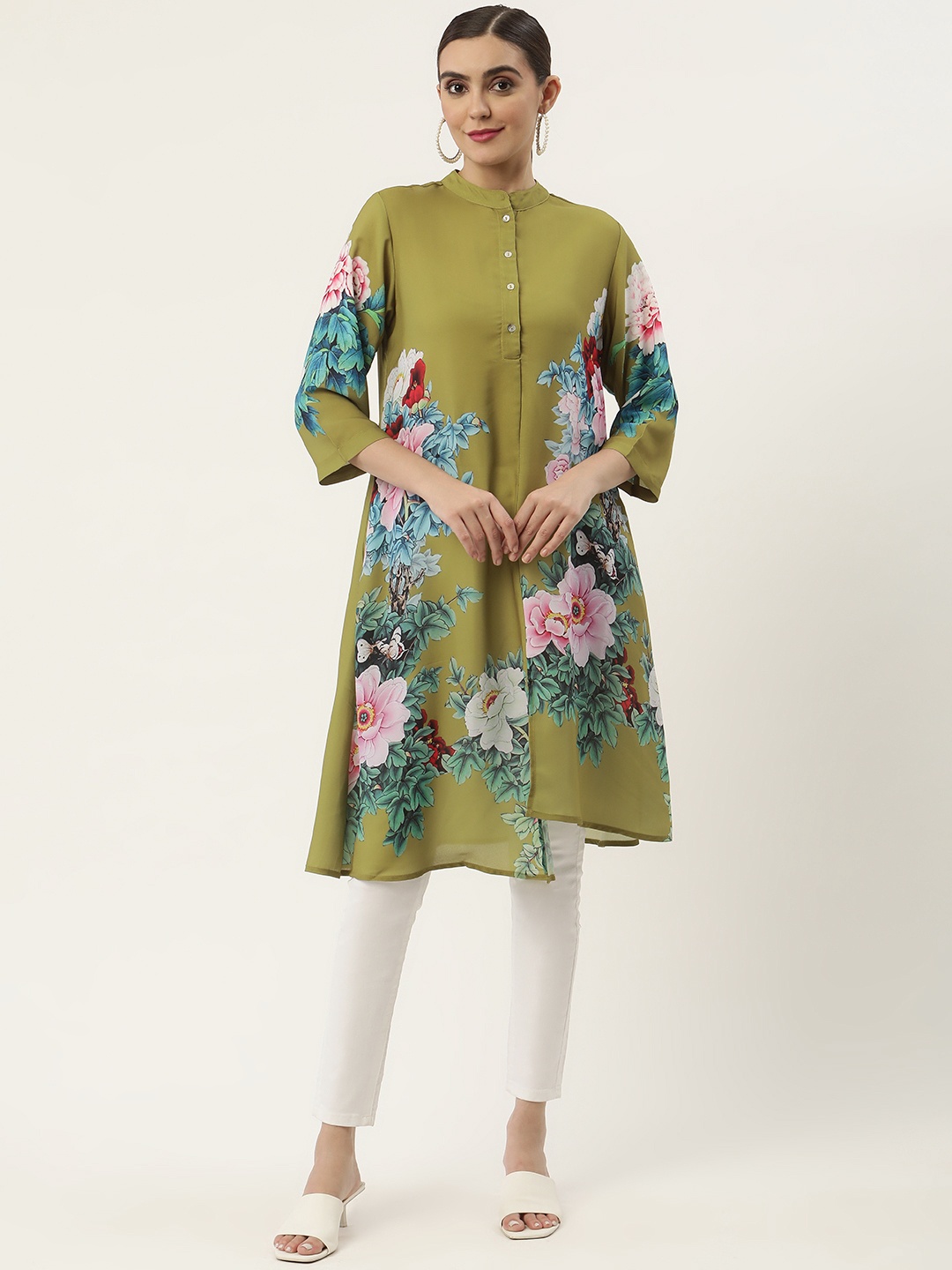 

CHIQUE Women Mandarin Collar Floral Printed Georgette Tunic, Olive