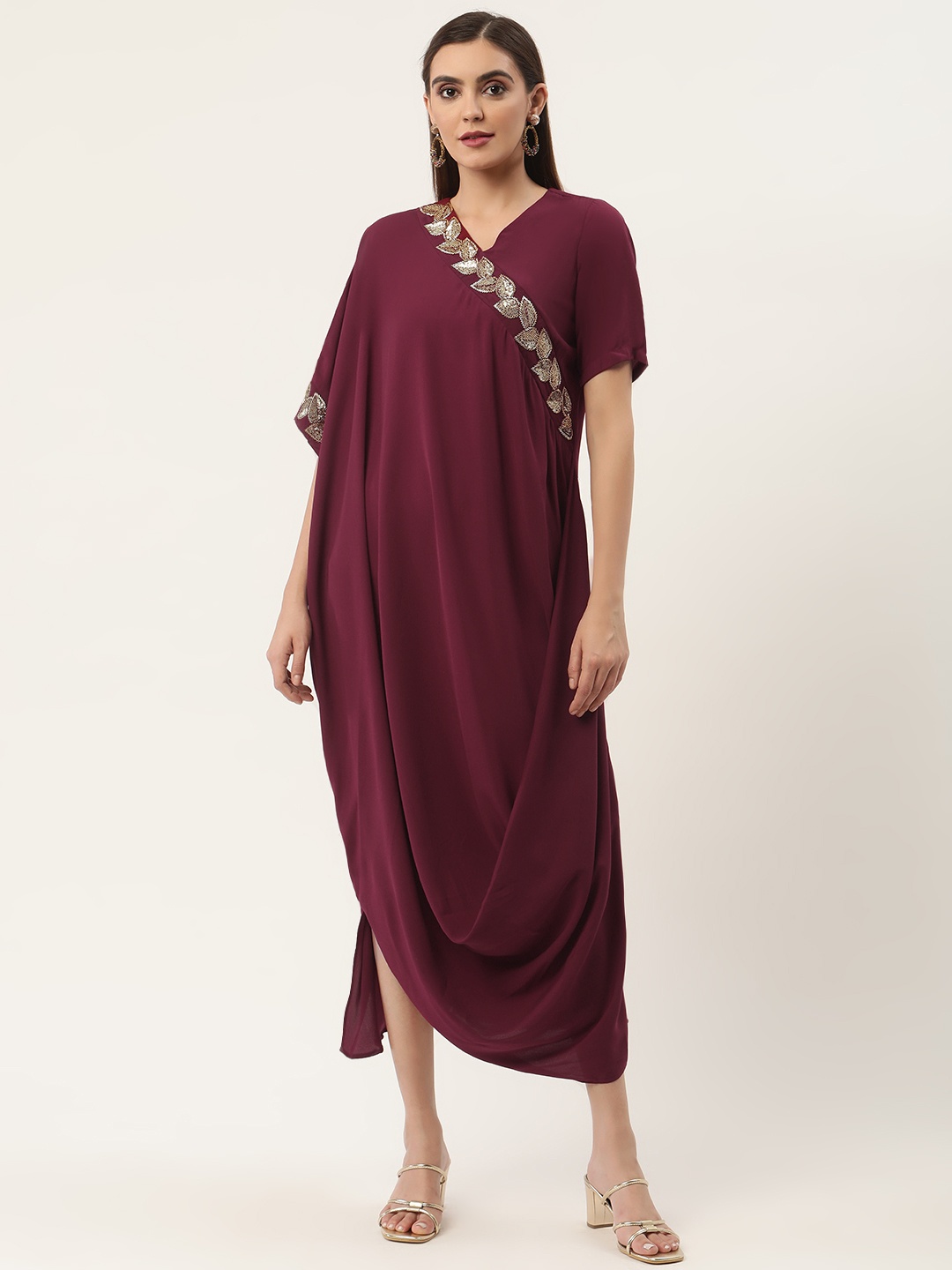 

CHIQUE Maroon Georgette Embellished Midi Dress