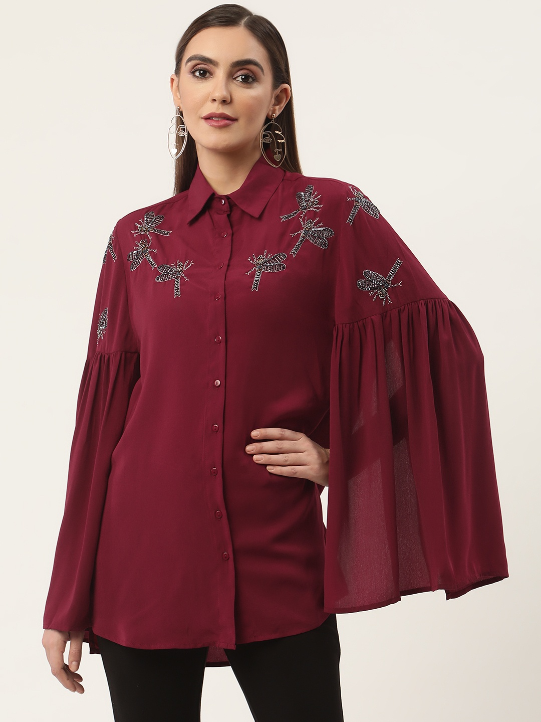 

CHIQUE Women Georgette Maroon Embellished Cape Sleeves Shirt