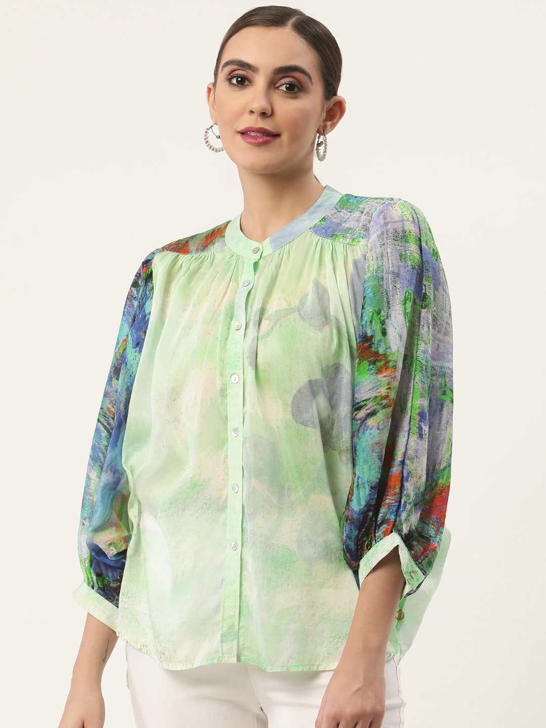 

CHIQUE Women Mint Printed Puff Sleeves Casual Shirt, Green