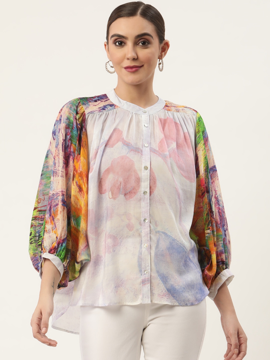 

CHIQUE Women Printed Puff Sleeves Casual Shirt, Peach