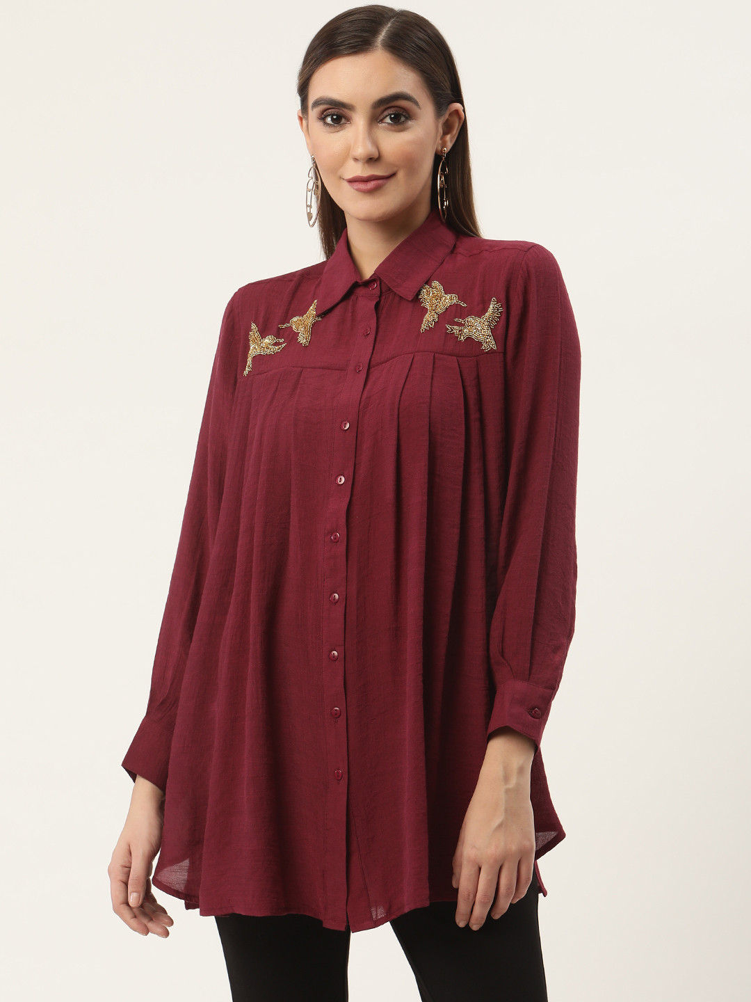 

CHIQUE Women Georgette Beaded Swan Shirt, Maroon