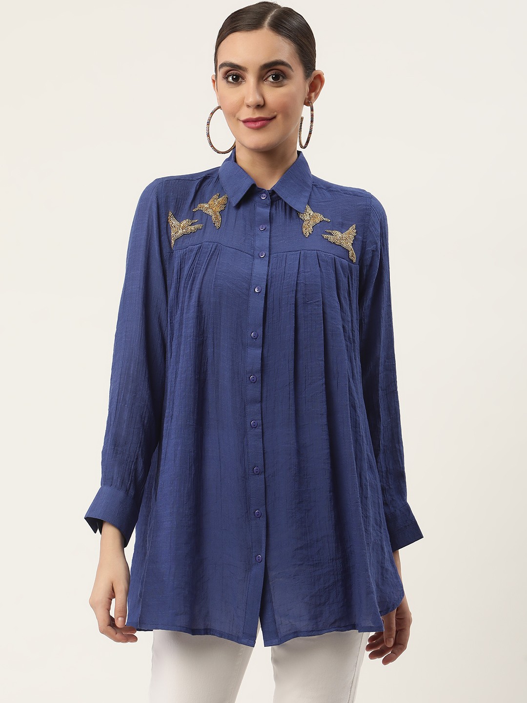 

CHIQUE Women Solid Marine Blue Embellished Shirt