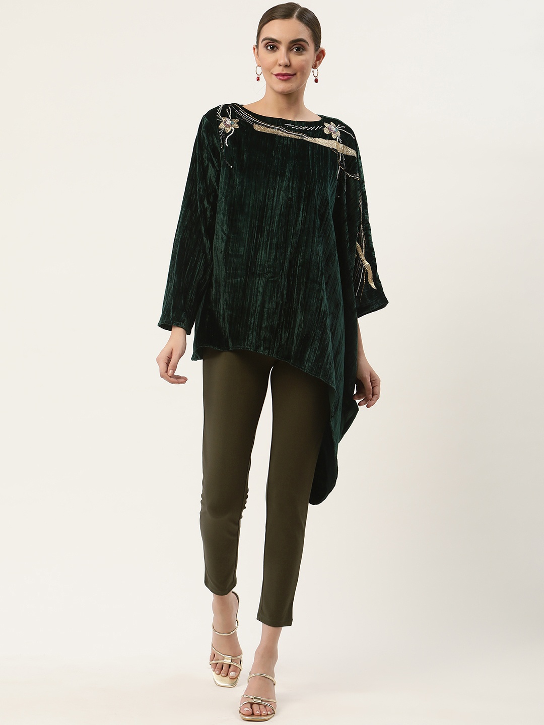 

CHIQUE Teal Green Embellished Velvet Longline Top