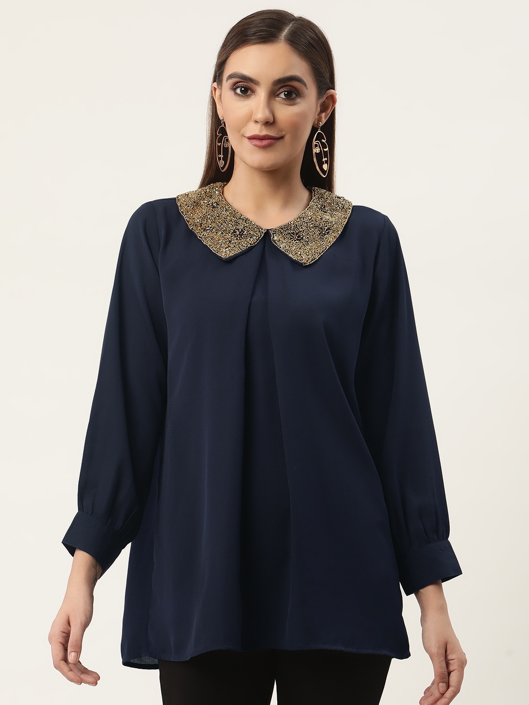

CHIQUE Women Navy Blue Embellished Party Shirt