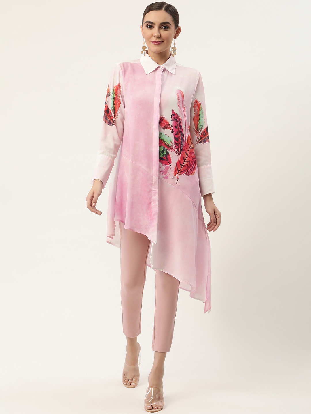 

CHIQUE Pink Shirt Collar Printed Tunic