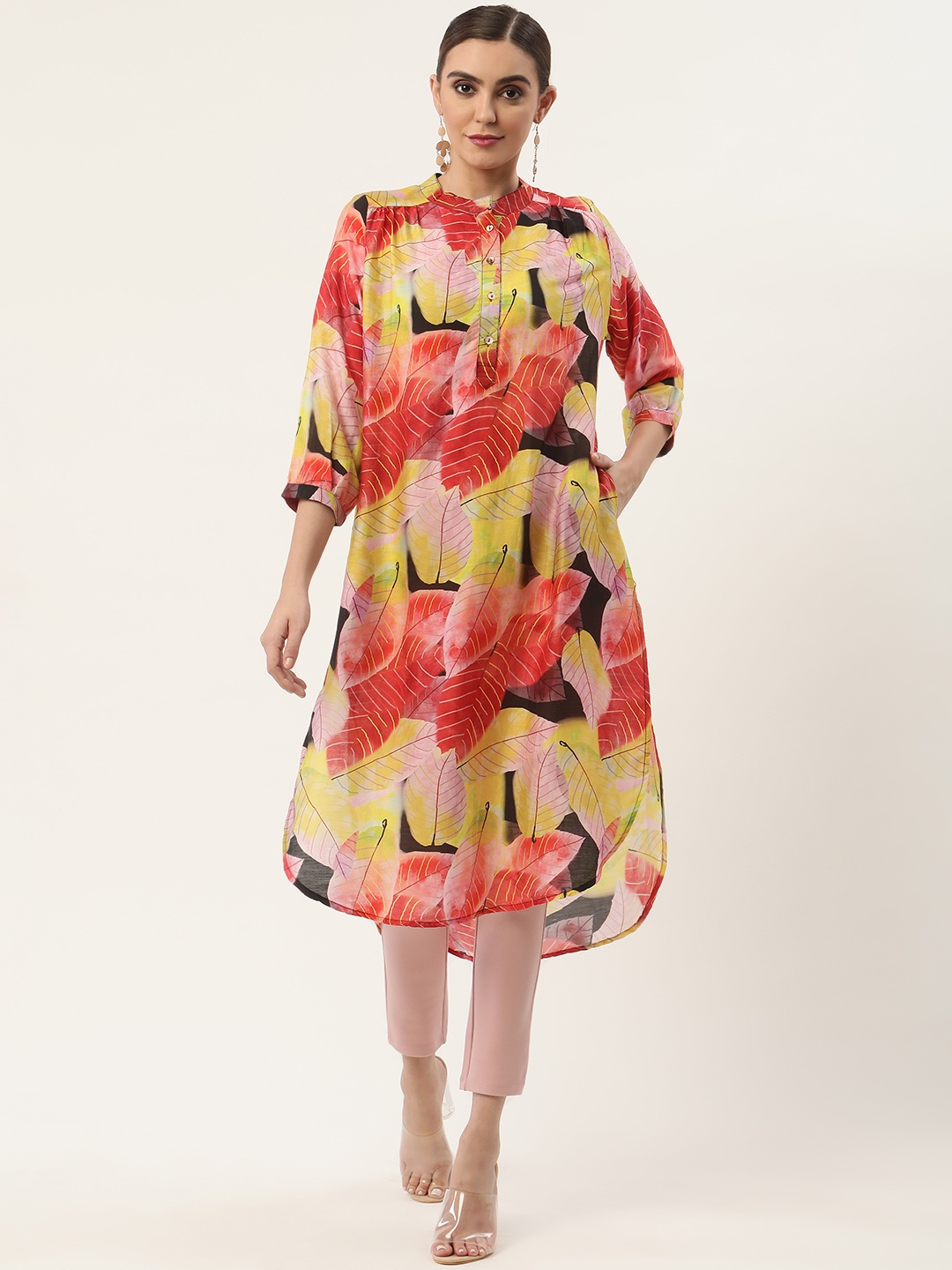 

CHIQUE Women Black & Yellow Mandarin Collar Printed Tropical Tunic