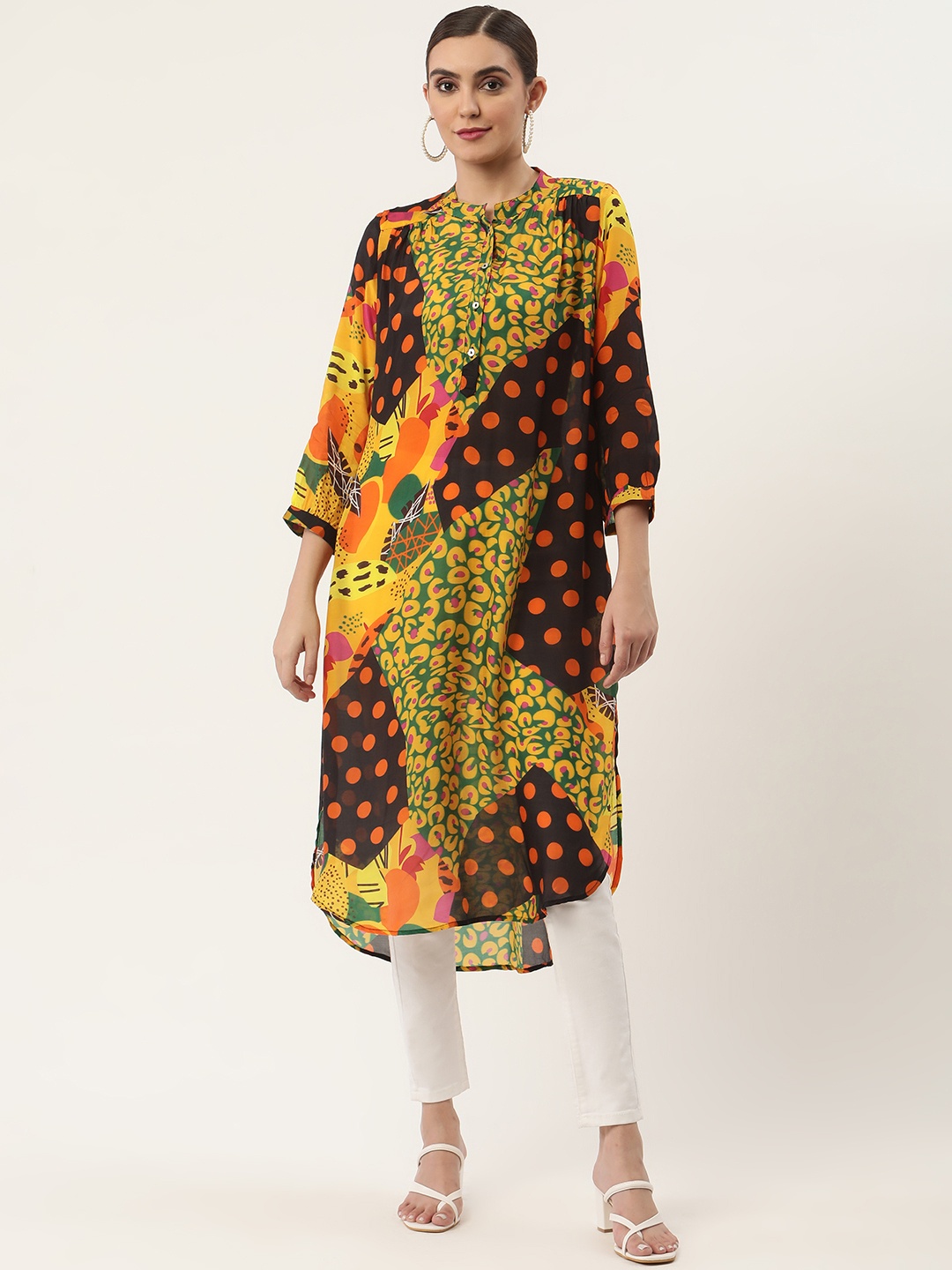 

CHIQUE Women Black & Yellow Mandarin Collar Printed Tunic