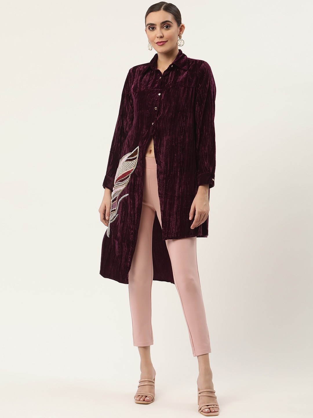 

CHIQUE Women Velvet Maroon Shirt Collar Embellished Tunic