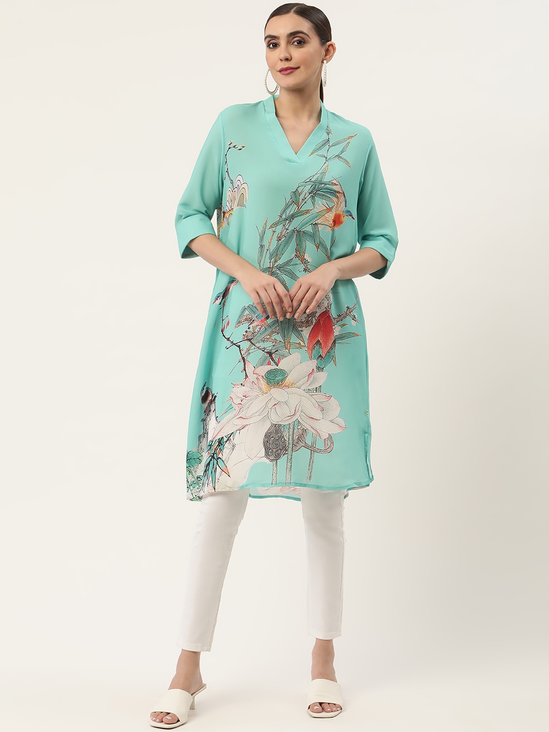 

CHIQUE Women Georgette Sea Green & White Printed Tunic