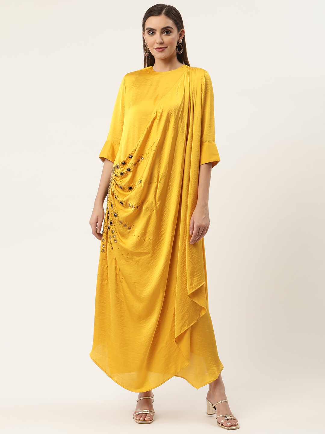 

CHIQUE Mustard Yellow Satin Embellished Maxi Dress