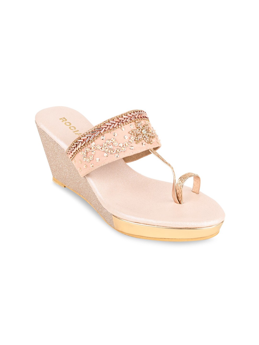 

Rocia Rose Gold Embellished Ethnic Wedge Heels
