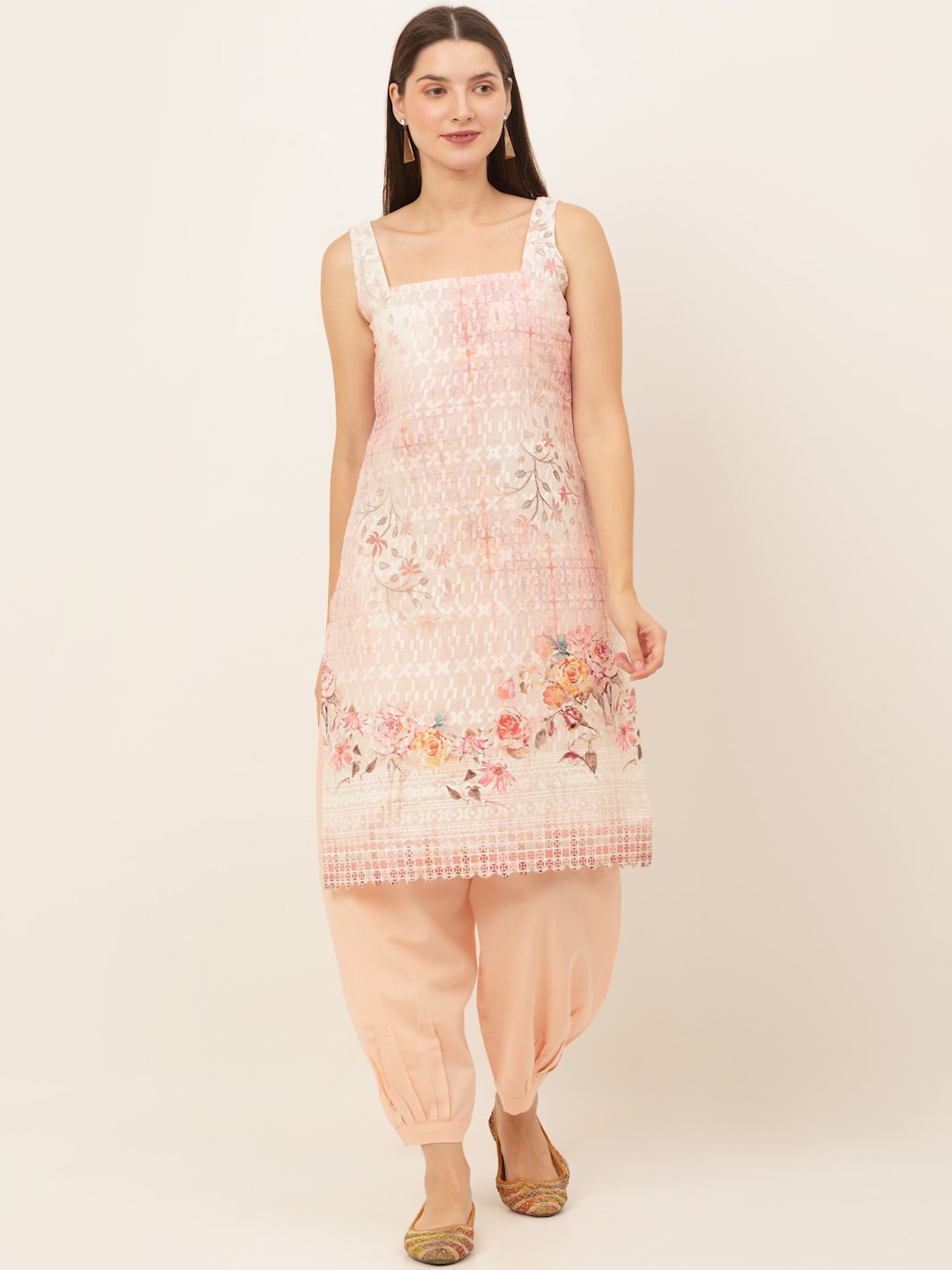 

KALINI Women Floral Printed Embroidered Chikankari Cotton Kurta, Peach