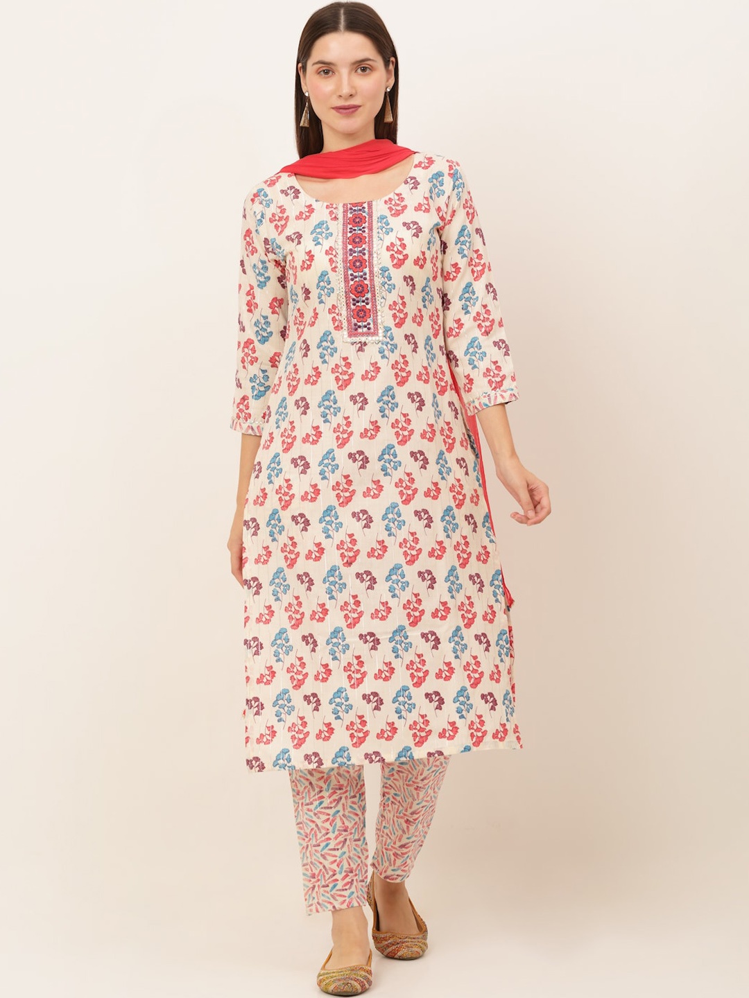 

KALINI Women Cream-Coloured Floral Printed Kurta with Trousers & With Dupatta