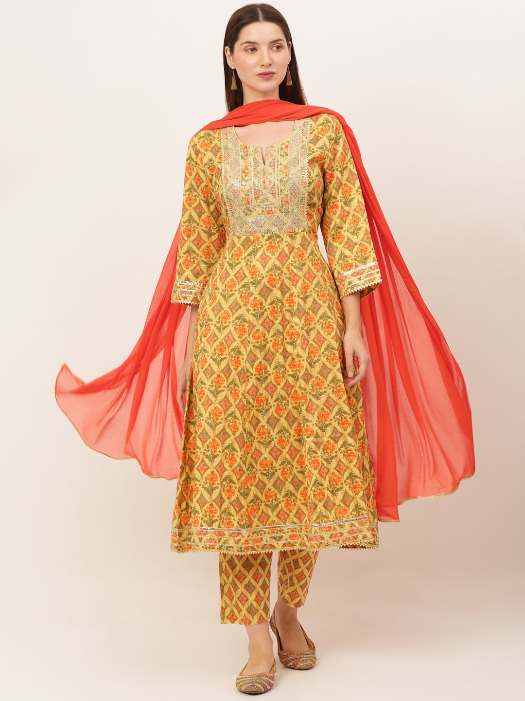 

KALINI Women Yellow Floral Printed Pure Cotton Anarkali Kurta with Trousers & With Dupatta