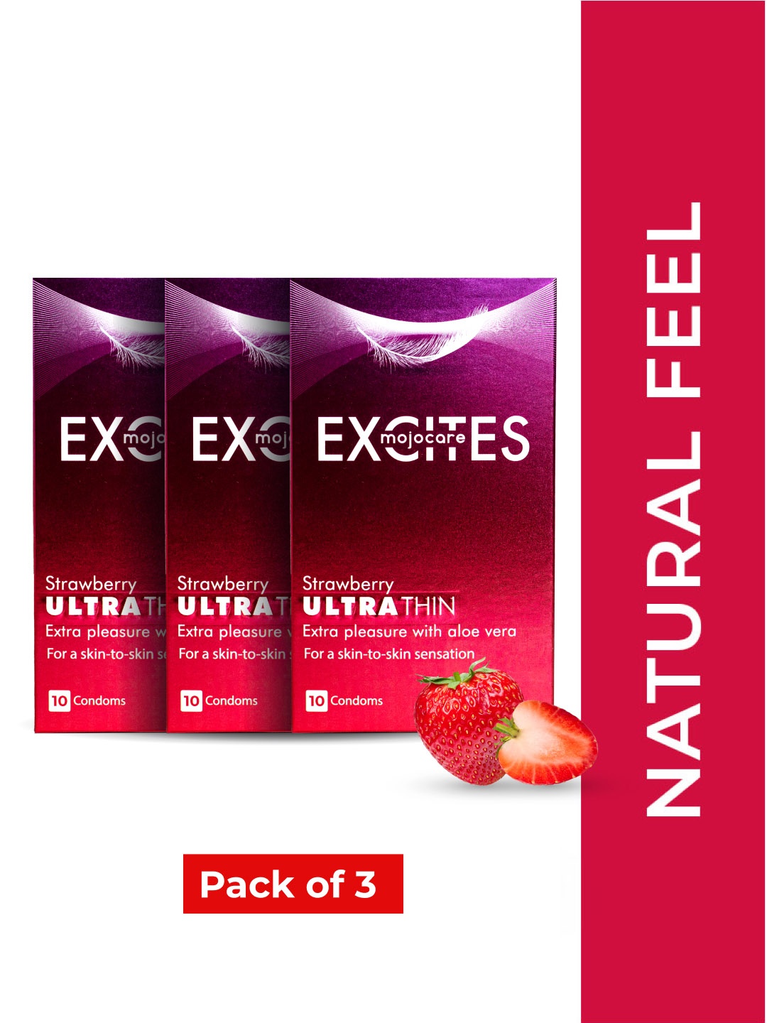 Mojocare Men Set Of 3 Excites Ultra Thin Strawberry Flavored Condoms 10 Pcs Each, Pink