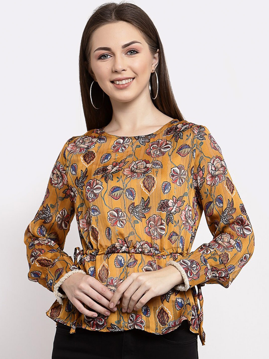 

Mafadeny Women Mustard Yellow Floral Print Empire Top