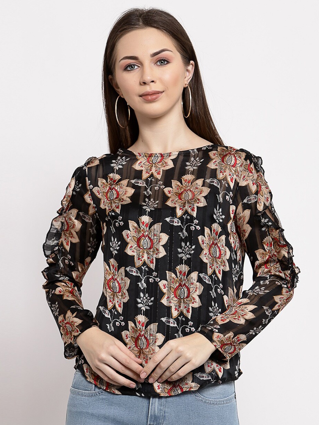 

Mafadeny Women Black Floral Printed Top