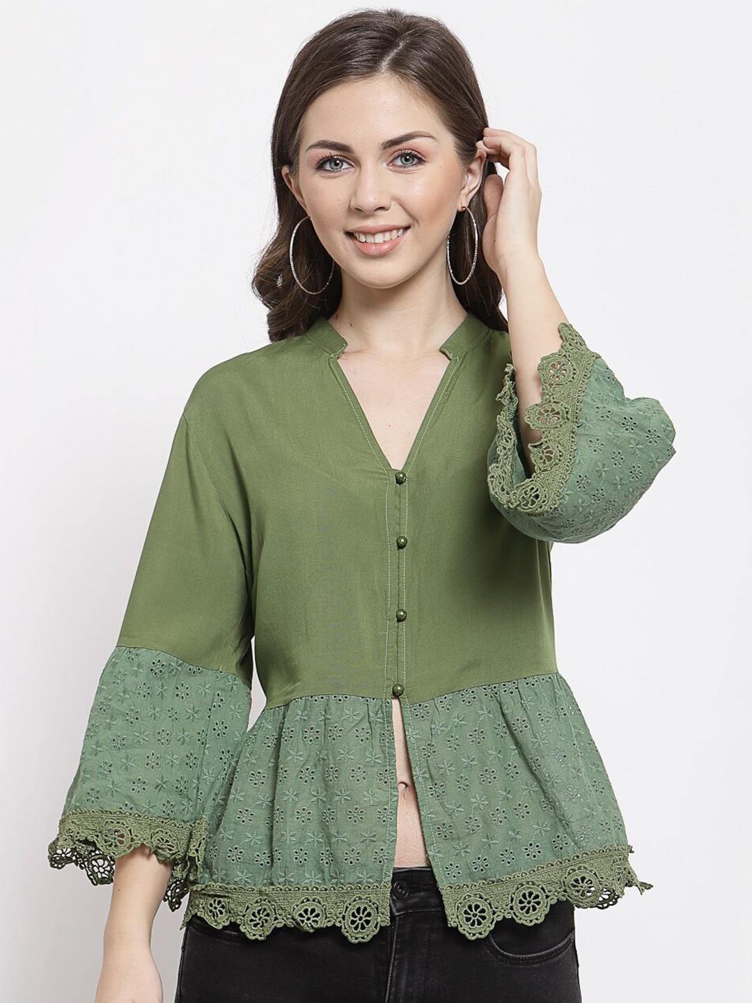

Mafadeny Women Olive Green Peplum Top