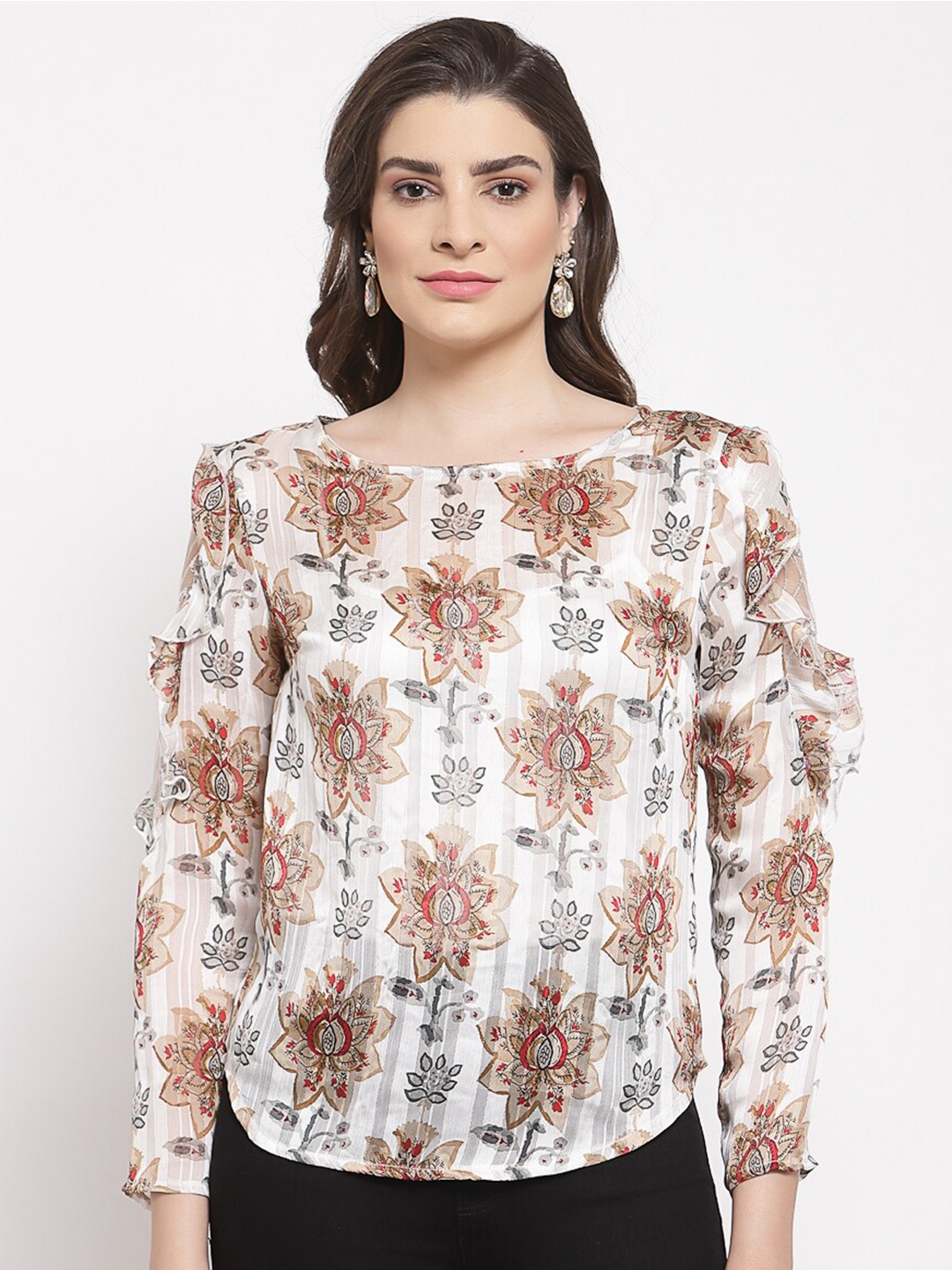 

Mafadeny Women White Floral Print Top